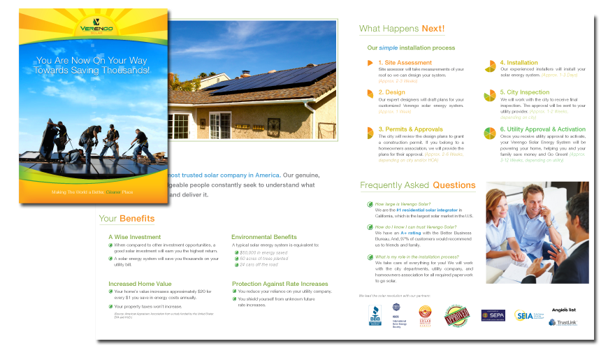 A welcome brochure designed to introduce new customers to the Verengo Solar brand and also provide detailed instructions on what to expect during their install.